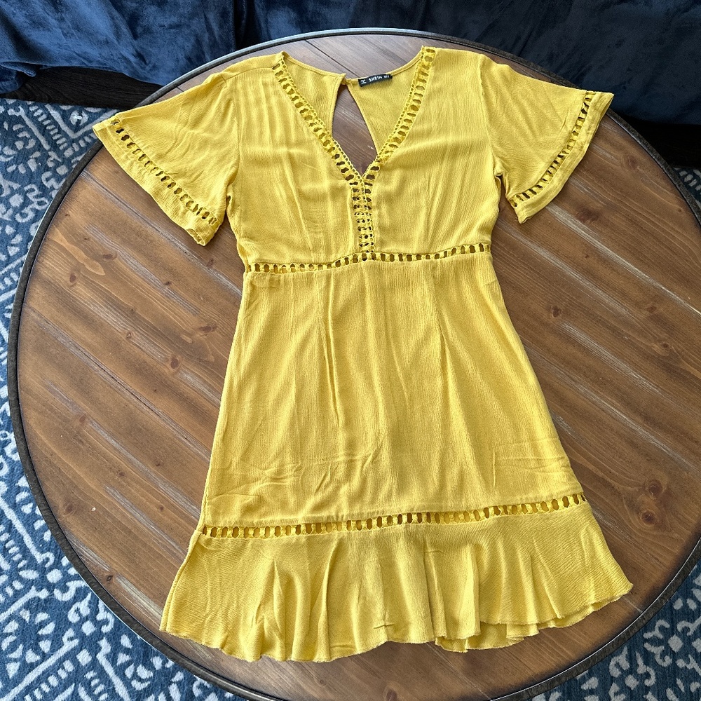 Shein Mini Dress with Crochet Details Mustard/Yellow Small